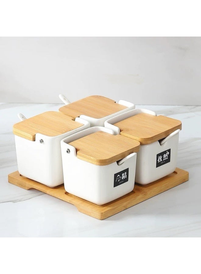 طقم 4 برطمانات توابل سيراميك مربع مع أغطية وملعقة لتخزين الملح والسكر والتوابل. - Image 1